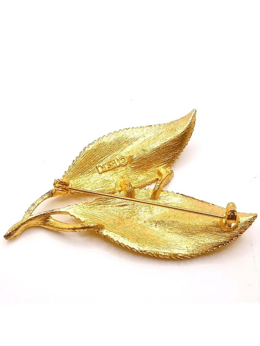 Vintage B.S.K Double Leaf Brooch Gold Tone Textured Design Mid Century 50-60's